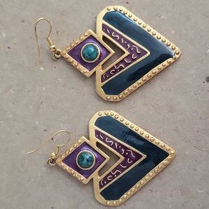 Stunning! Long Faux lapis blue enamel cabochon Earrings pierced dangle gold tone